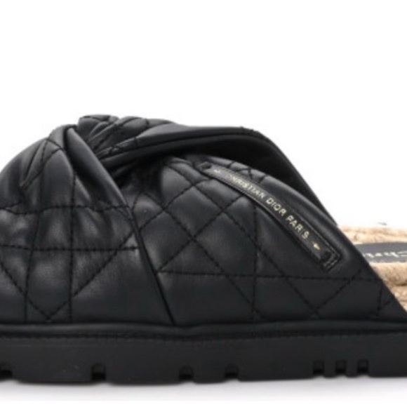 Dior Black Quilted Leather Cross-Strap Sandals with Natural Rope Trim - Picture 5 of 8